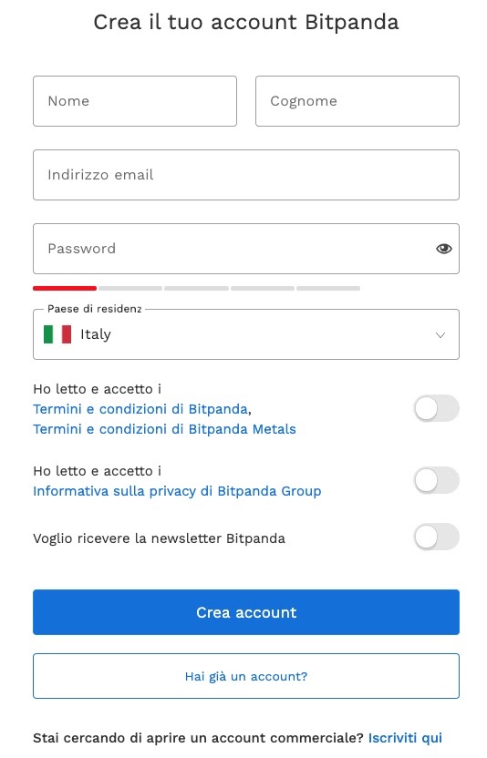 schermata registrazione a bitpanda